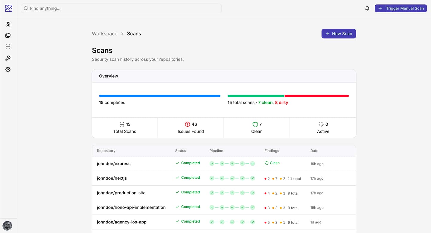 Secbez security scanning dashboard showing vulnerability detection results